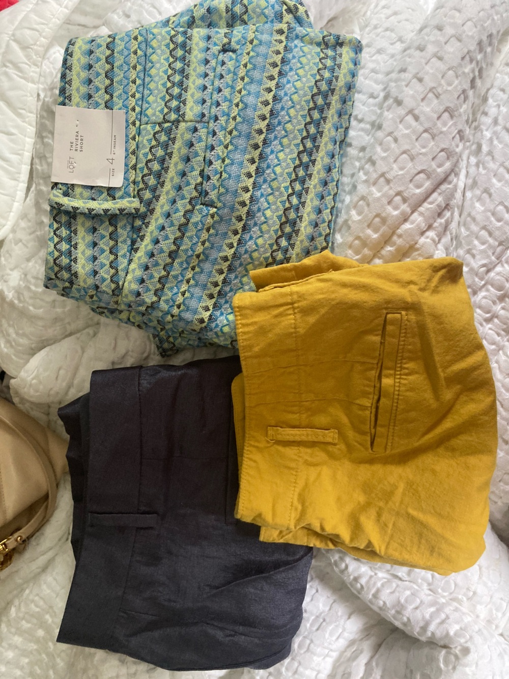 LOFT Mustard Yellow Womens Shorts with Navy and Blue Patterned Pair
